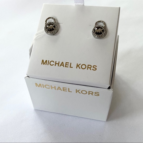 NWT authentic MK silver tone pave lock Earrings - Picture 3 of 7